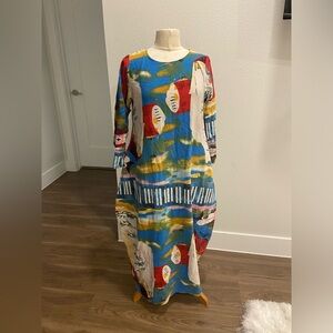 Colorful Abstract Print Maxi Dress with Side Pockets